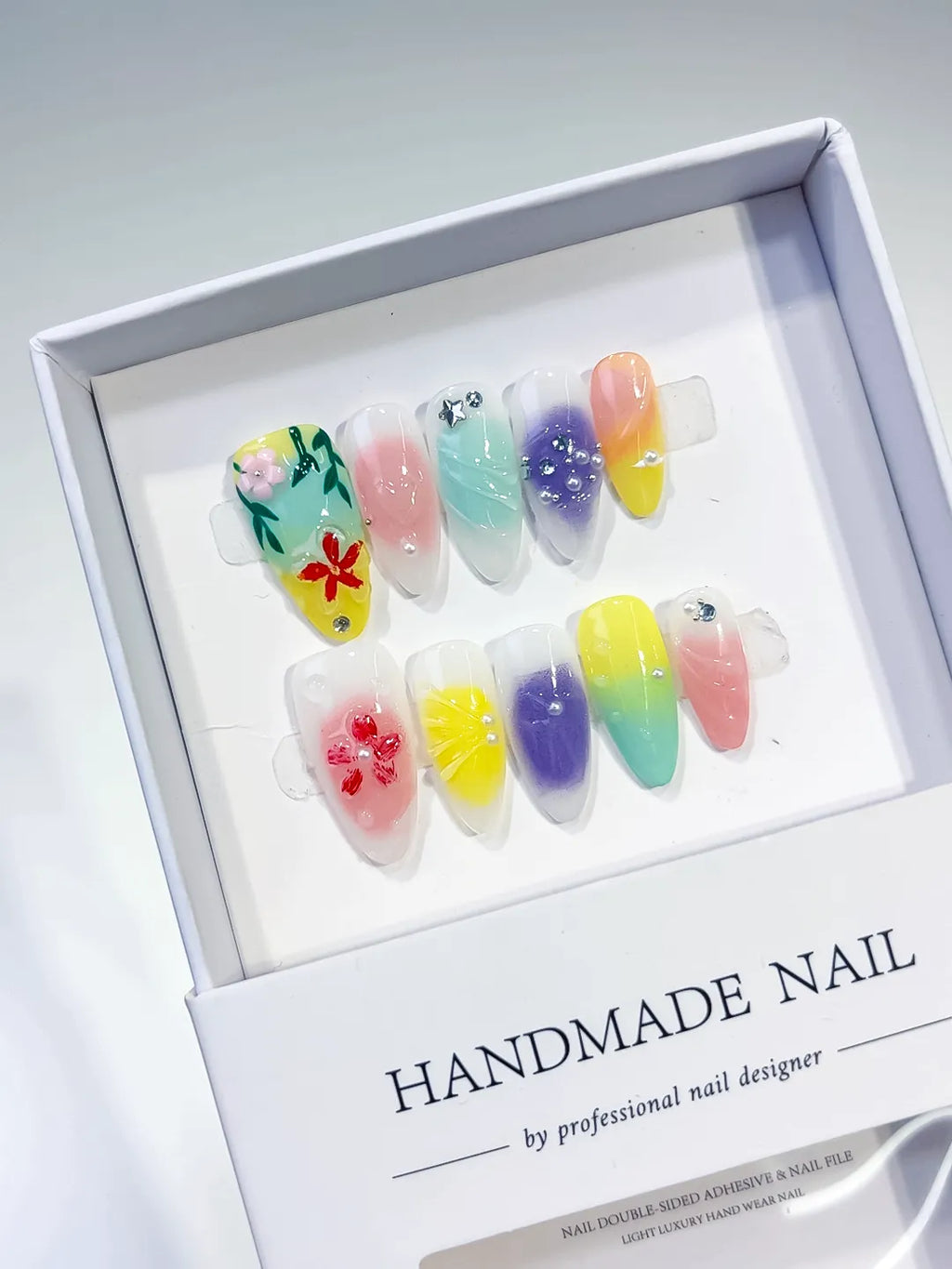 Green Yellow Purple Pink White Ombre Flower Star Rhinestone press on nails angled view