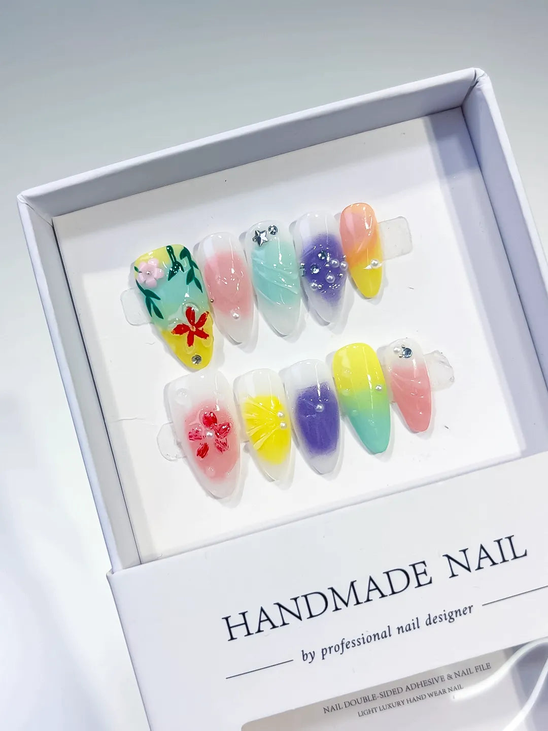 Green Yellow Purple Pink White Ombre Flower Star Rhinestone press on nails angled view