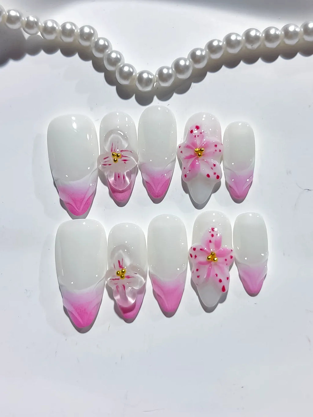 White Pink French tip Flower Bow press on nails detail view