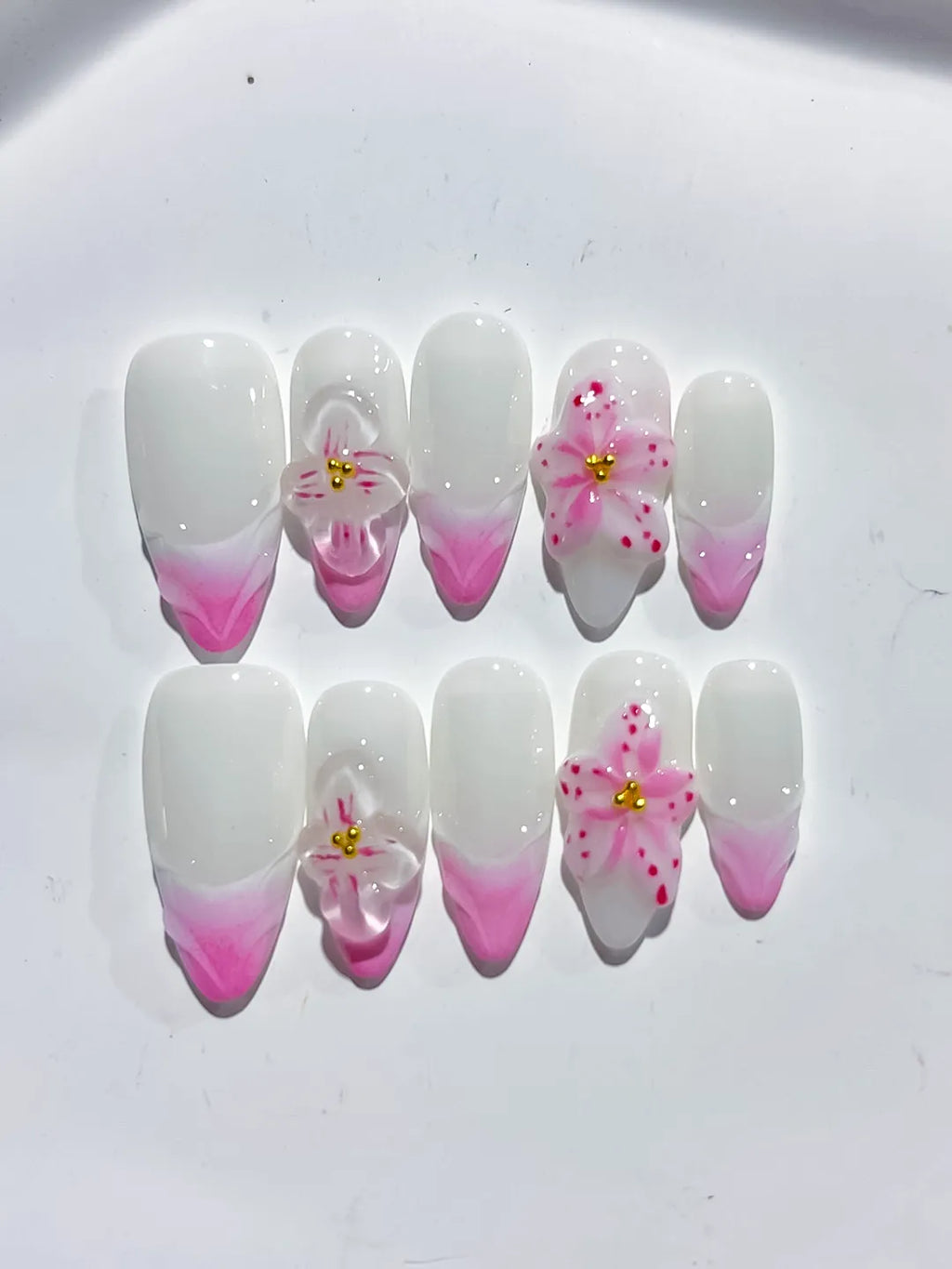 White Pink French tip Flower Bow press on nails detail view