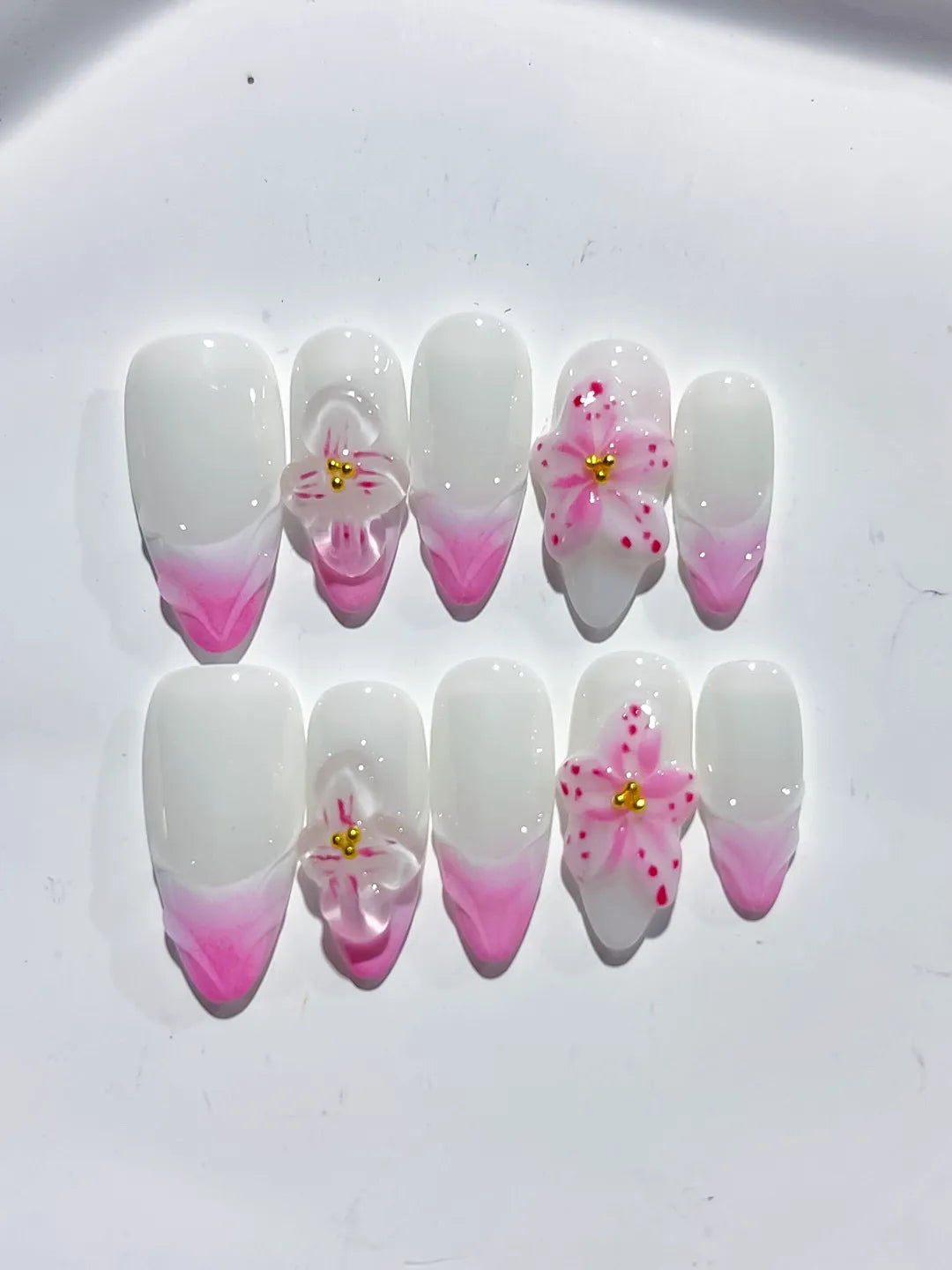 White Pink French tip Flower Bow press on nails detail view