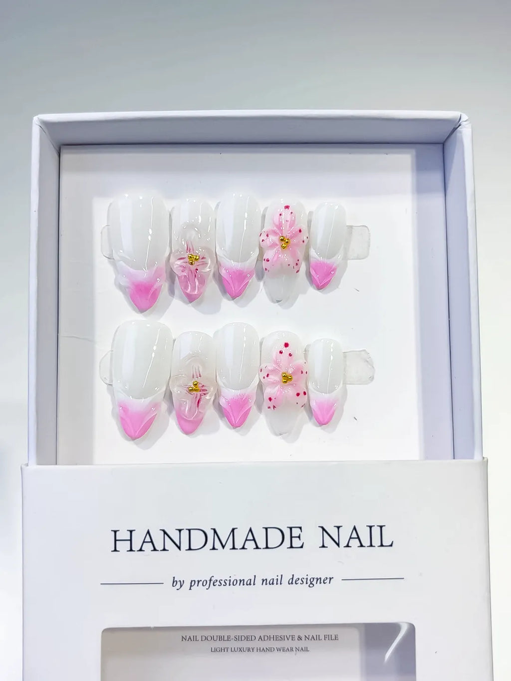 White Pink French tip Flower Bow press on nails full set view