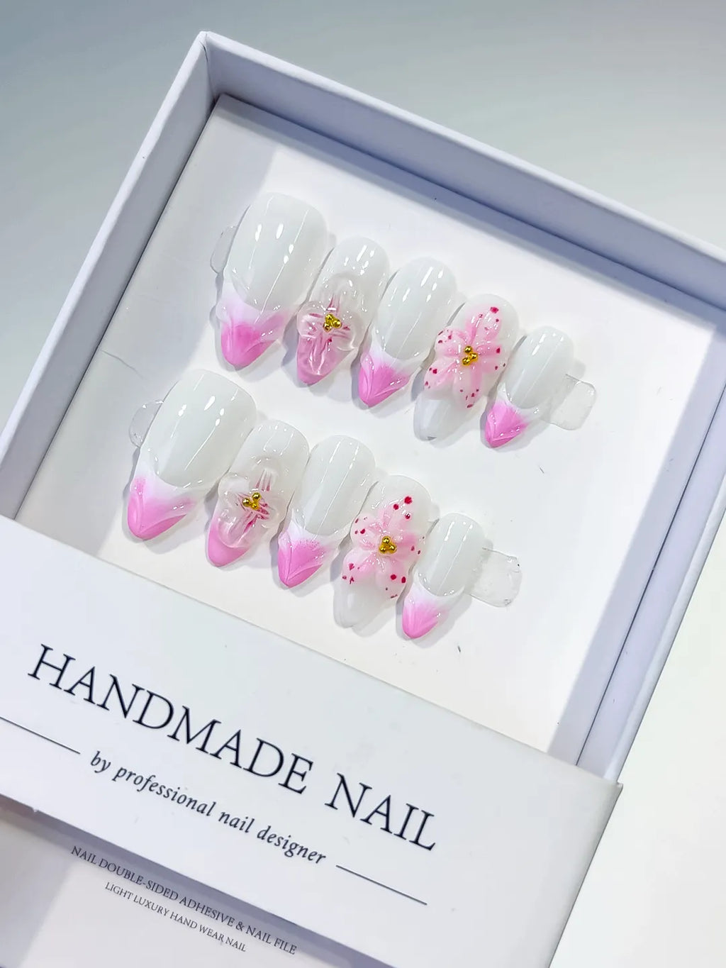 White Pink French tip Flower Bow press on nails