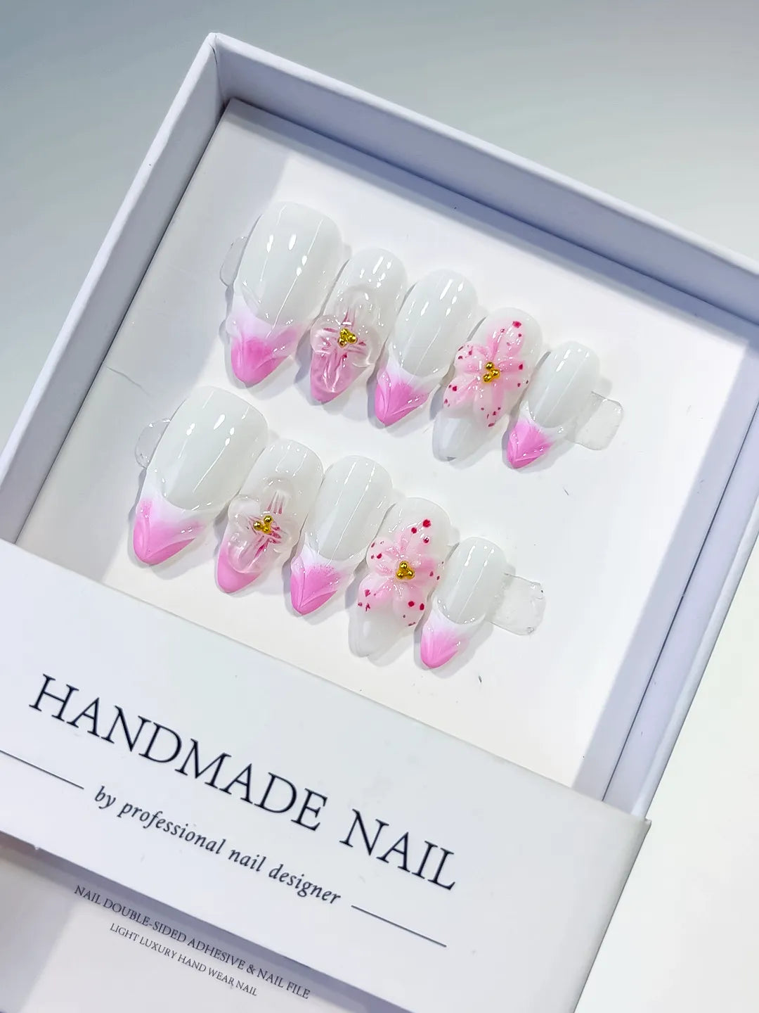 White Pink French tip Flower Bow press on nails