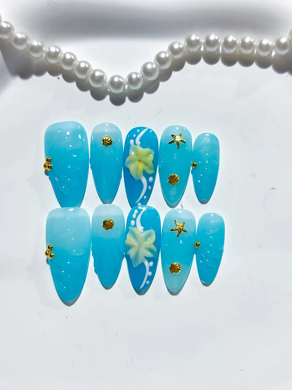 Blue Yellow Solid color Flower Starfish Shell press on nails detail view