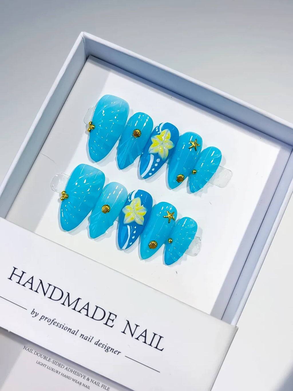 Blue Yellow Solid color Flower Starfish Shell press on nails