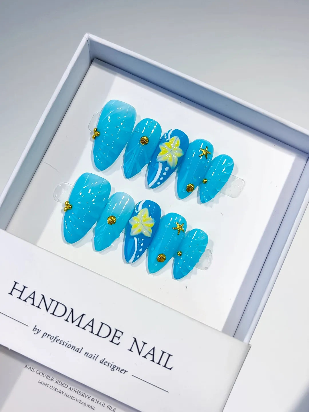 Blue Yellow Solid color Flower Starfish Shell press on nails