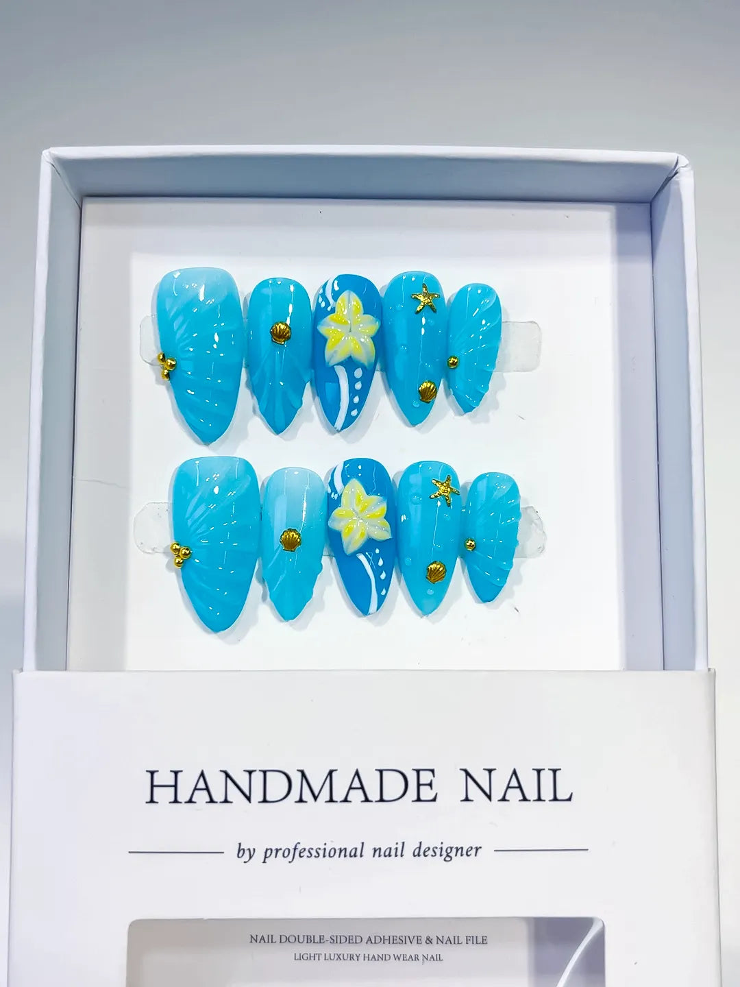 Blue Yellow Solid color Flower Starfish Shell press on nails full set view