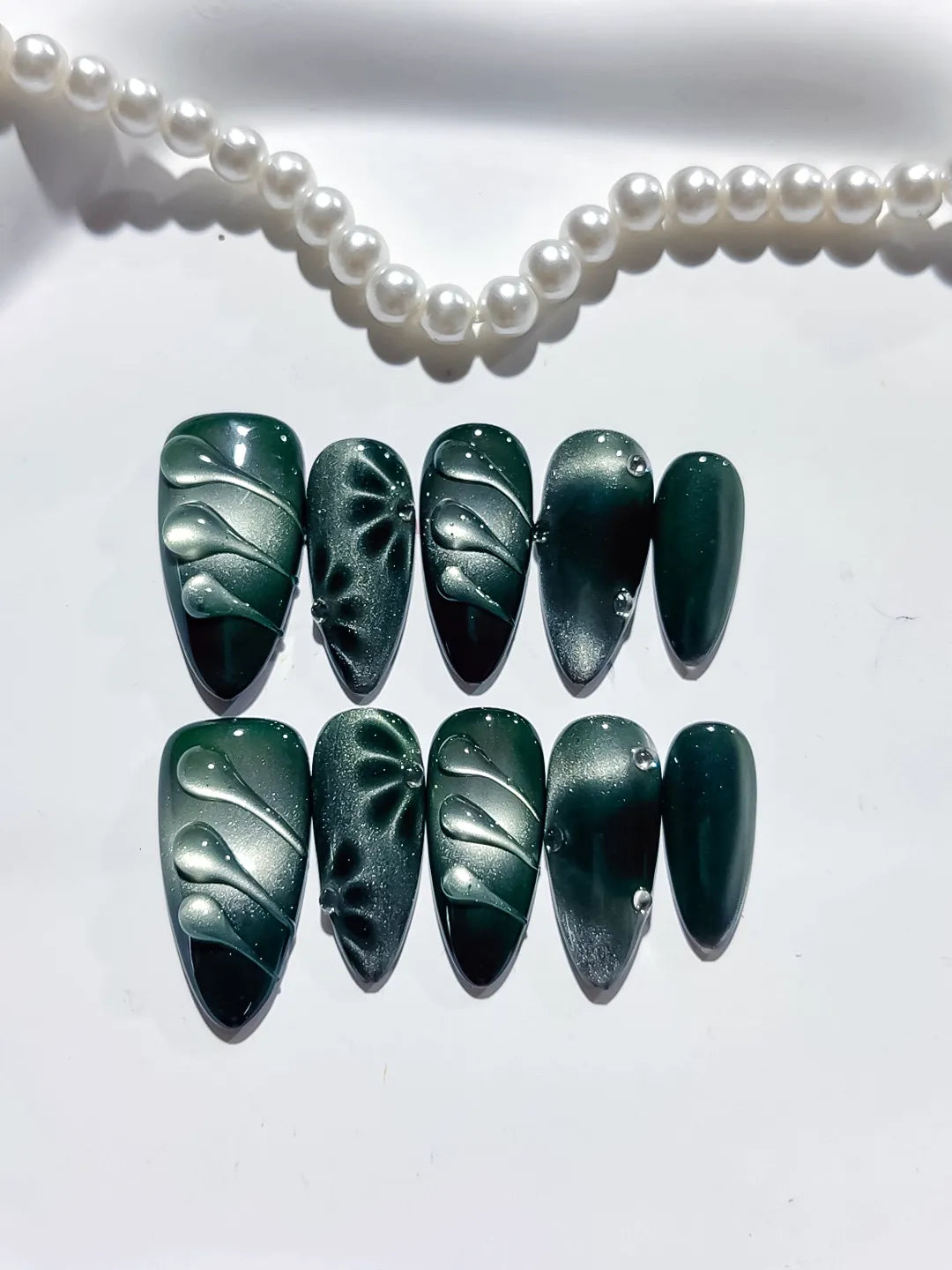 Green Black Metallic Leaf press on nails close up