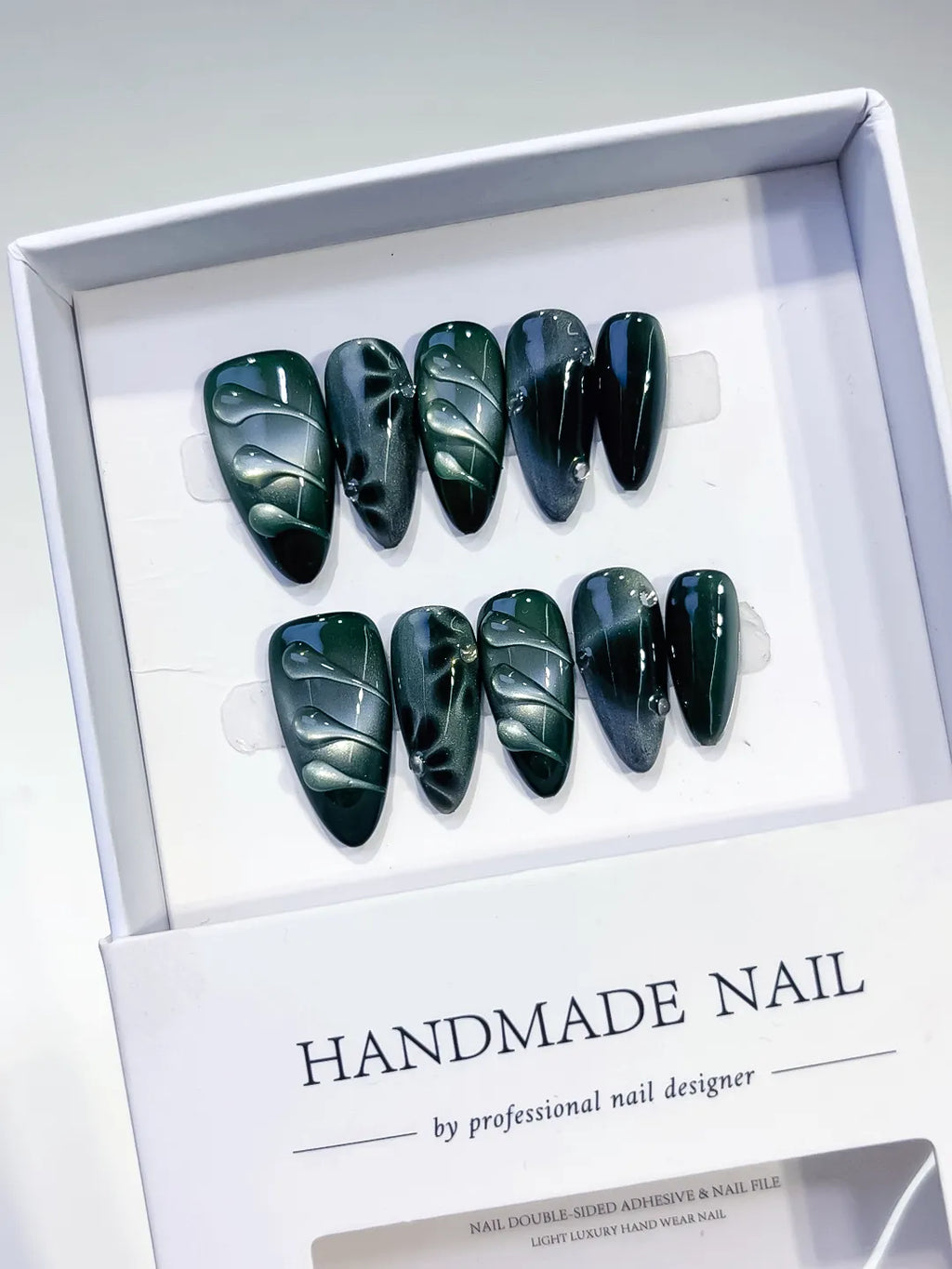 Green Black Metallic Leaf press on nails angled view