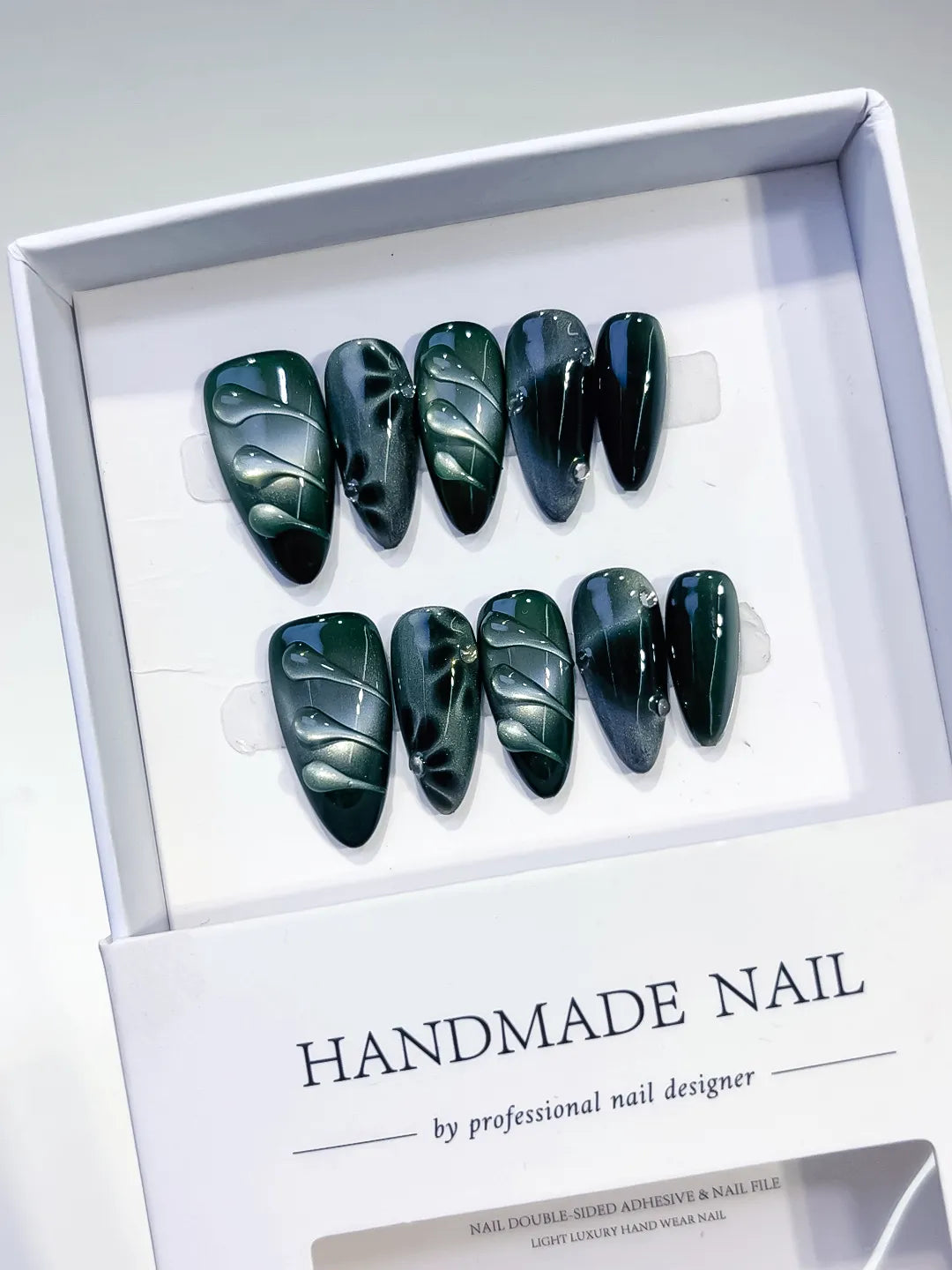 Green Black Metallic Leaf press on nails angled view