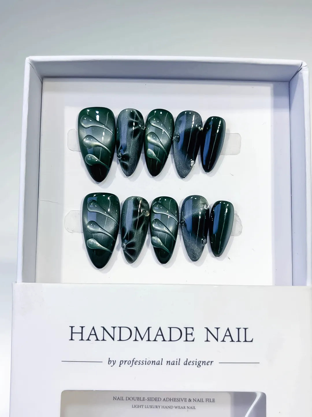 Green Black Metallic Leaf press on nails full set view