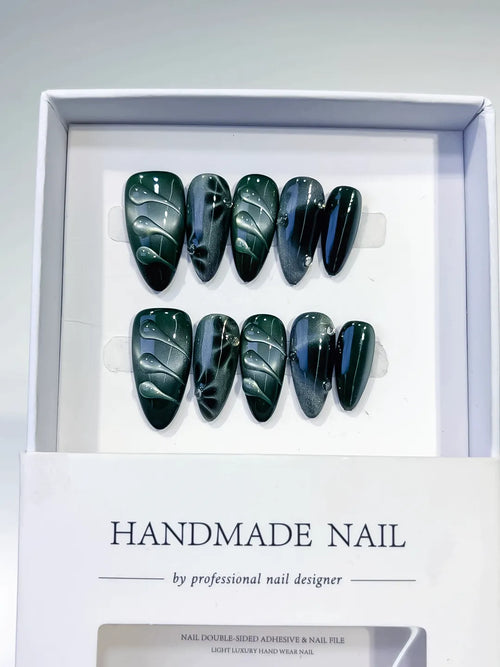 Green Black Metallic Leaf press on nails full set view