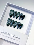 Green Black Metallic Leaf press on nails