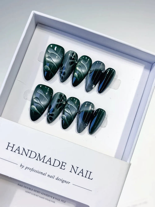 Green Black Metallic Leaf press on nails