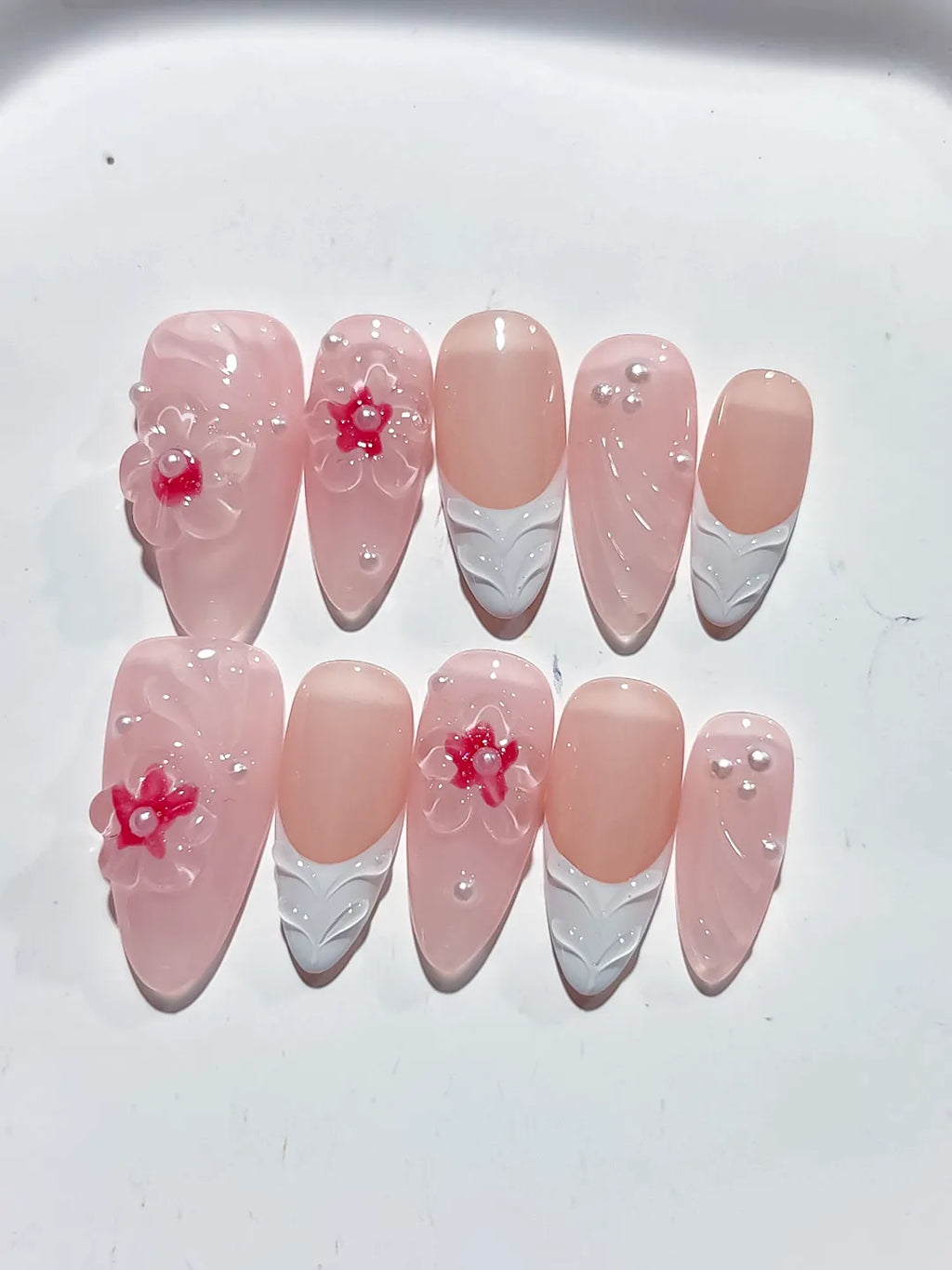 Pink White Solid color Flower Pearl Bow press on nails detail view