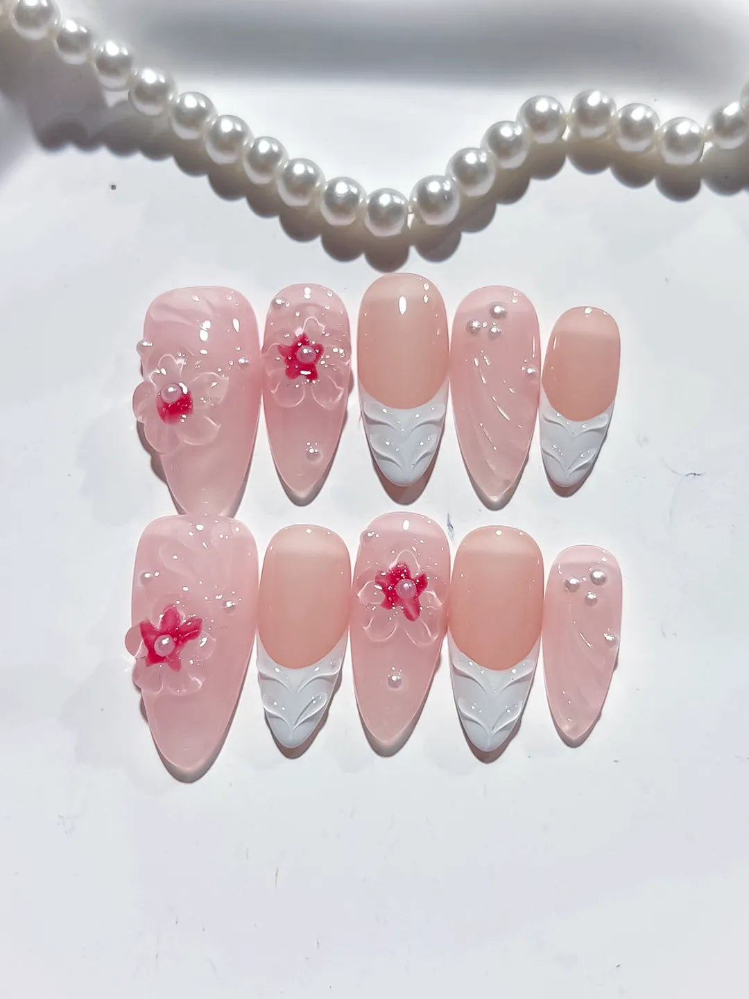 Pink White Solid color Flower Pearl Bow press on nails detail view