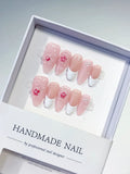 Pink White Solid color Flower Pearl Bow press on nails