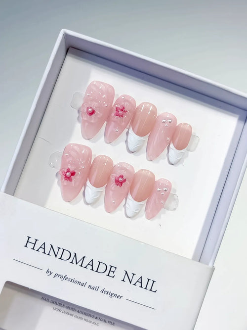 Pink White Solid color Flower Pearl Bow press on nails