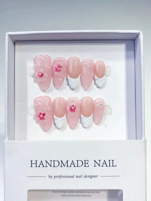 Pink White Solid color Flower Pearl Bow press on nails full set view