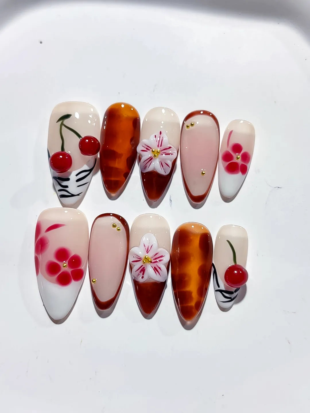 Nude Brown White Pink Red Abstract Cherry Flower Plaid press on nails detail view