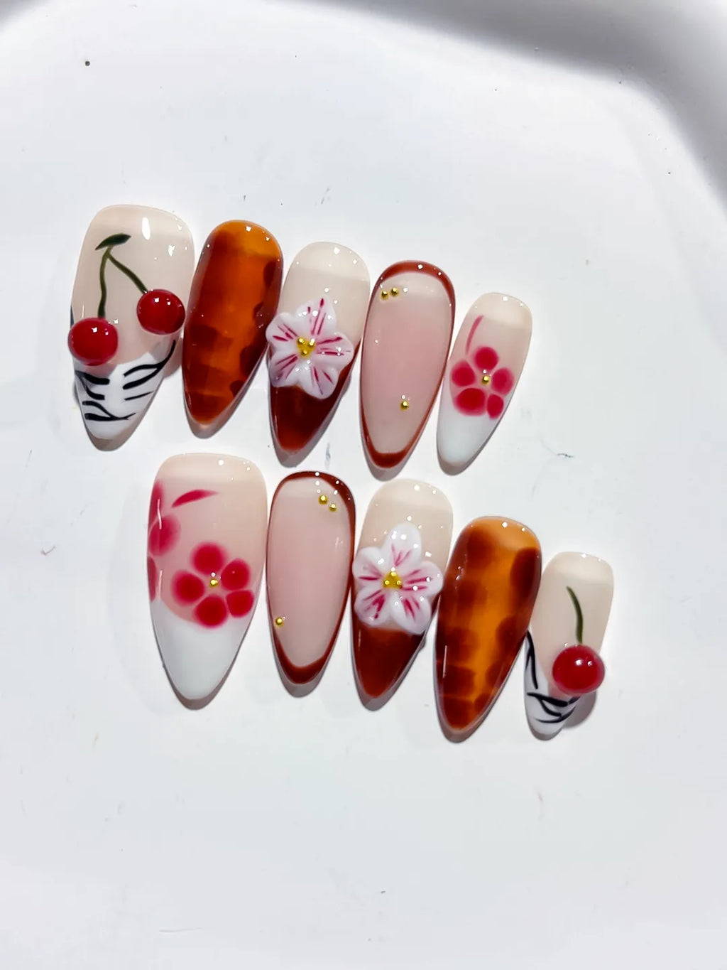 Nude Brown White Pink Red Abstract Cherry Flower Plaid press on nails detail view