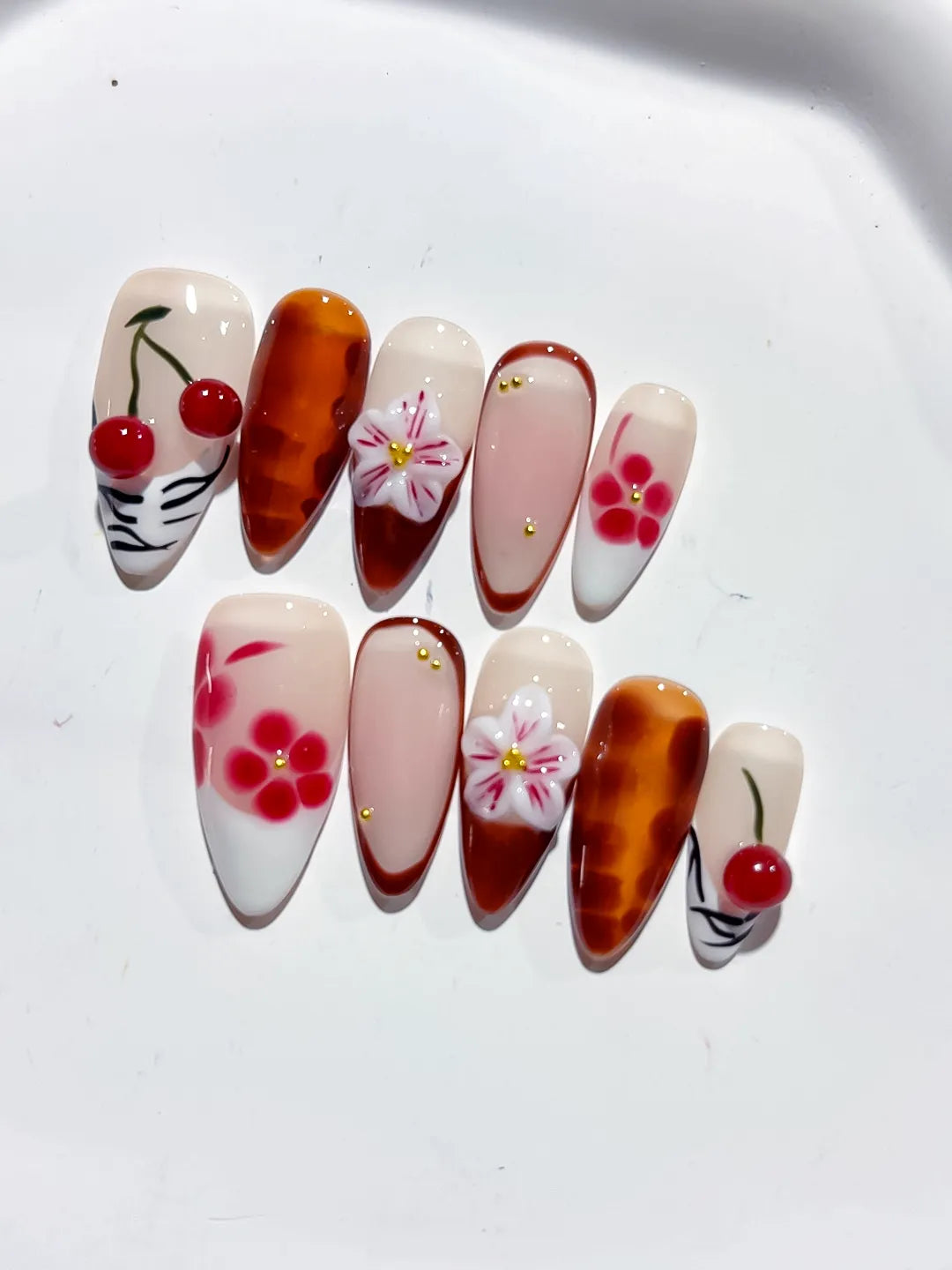 Nude Brown White Pink Red Abstract Cherry Flower Plaid press on nails detail view
