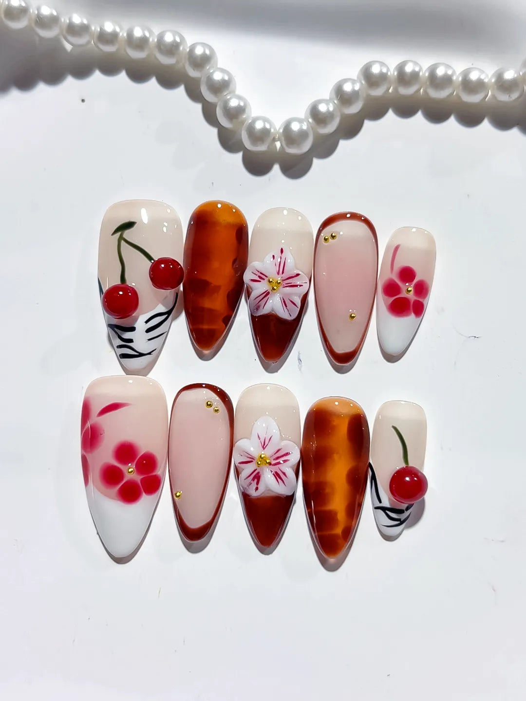 Nude Brown White Pink Red Abstract Cherry Flower Plaid press on nails close up