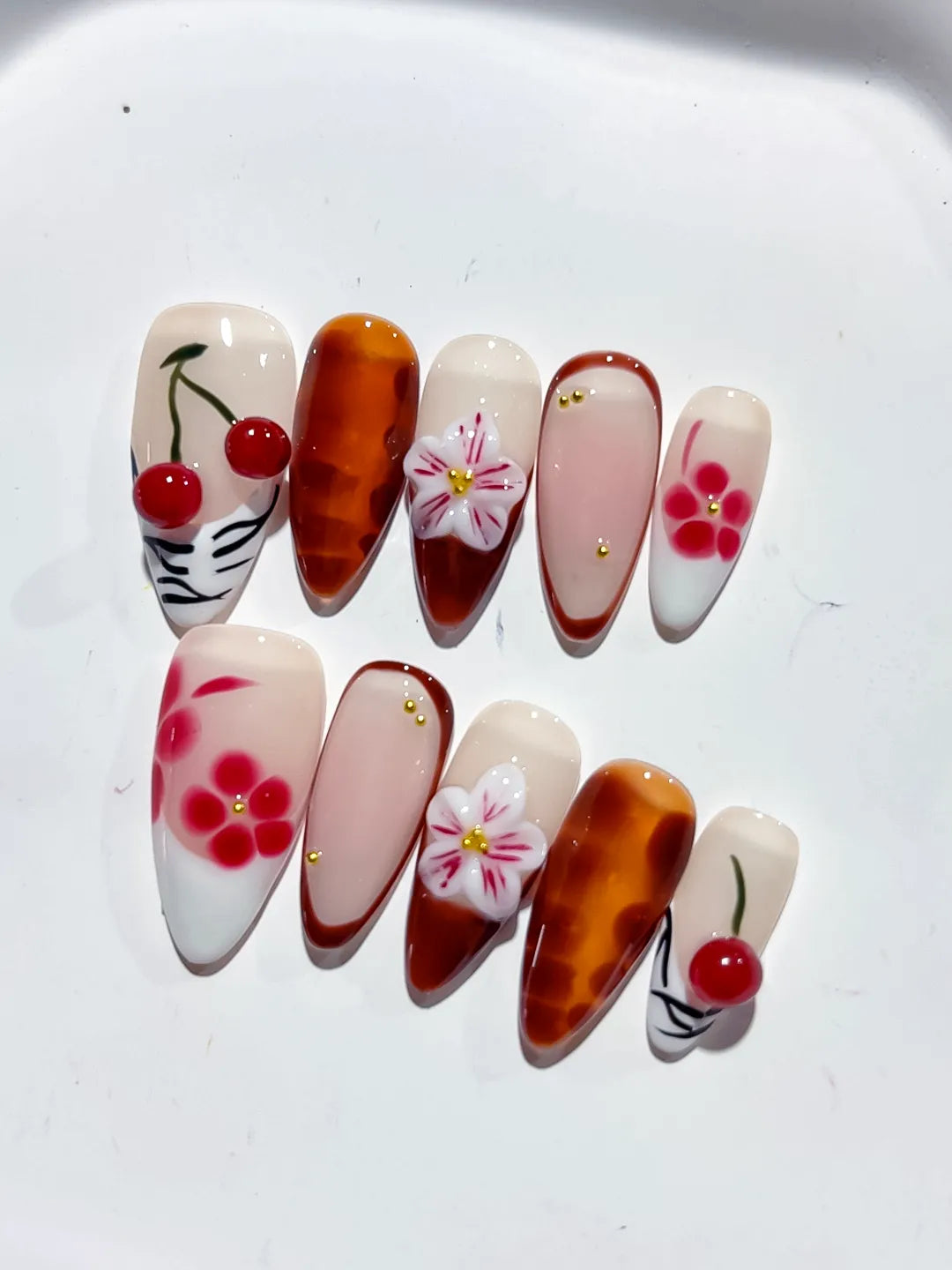 Nude Brown White Pink Red Abstract Cherry Flower Plaid press on nails detail view