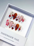 Nude Brown White Pink Red Abstract Cherry Flower Plaid press on nails