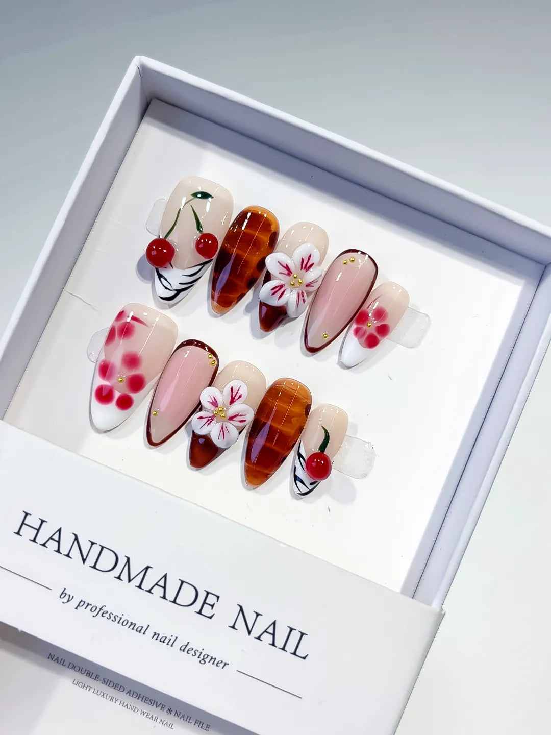 Nude Brown White Pink Red Abstract Cherry Flower Plaid press on nails