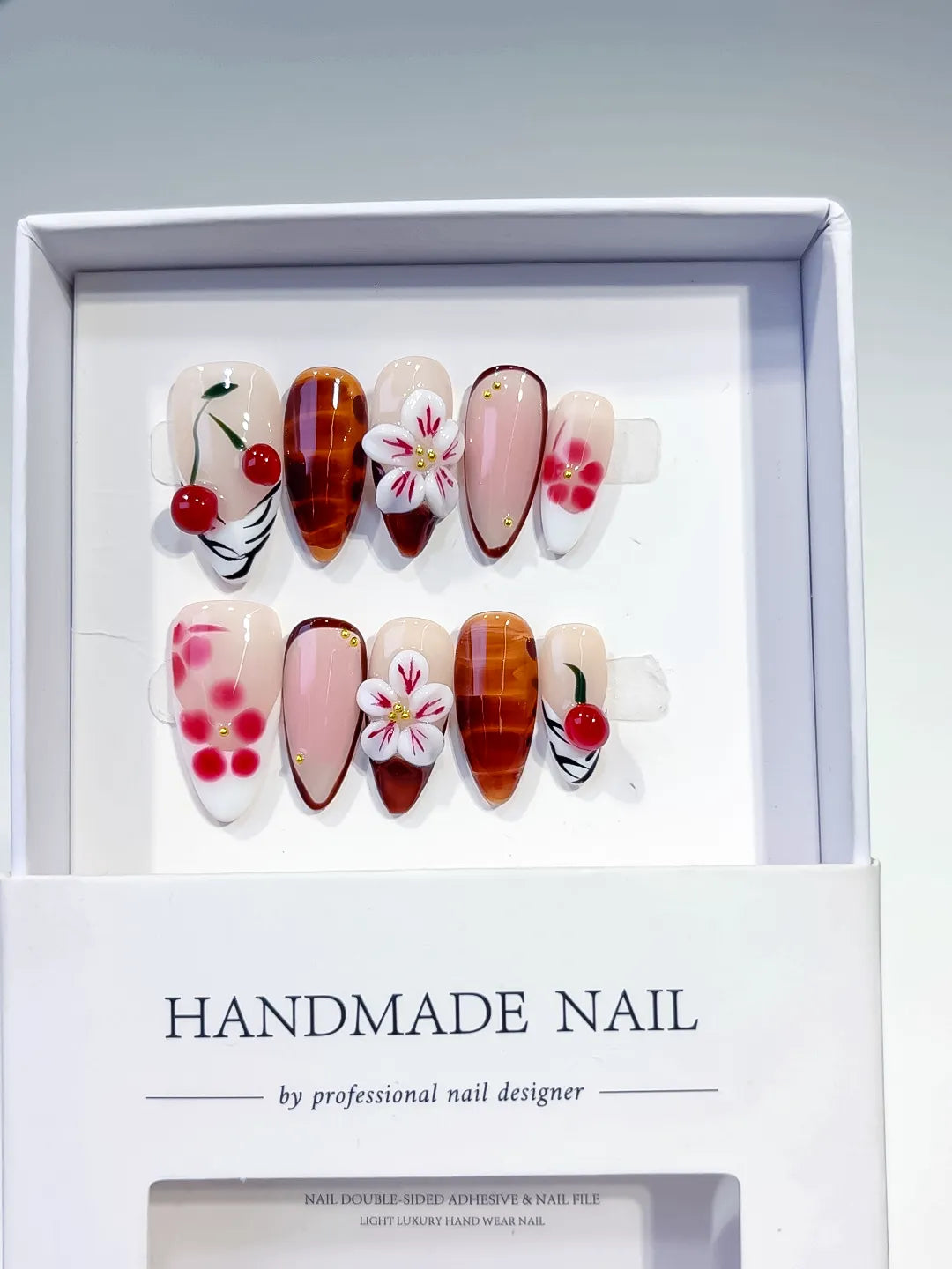 Nude Brown White Pink Red Abstract Cherry Flower Plaid press on nails full set view