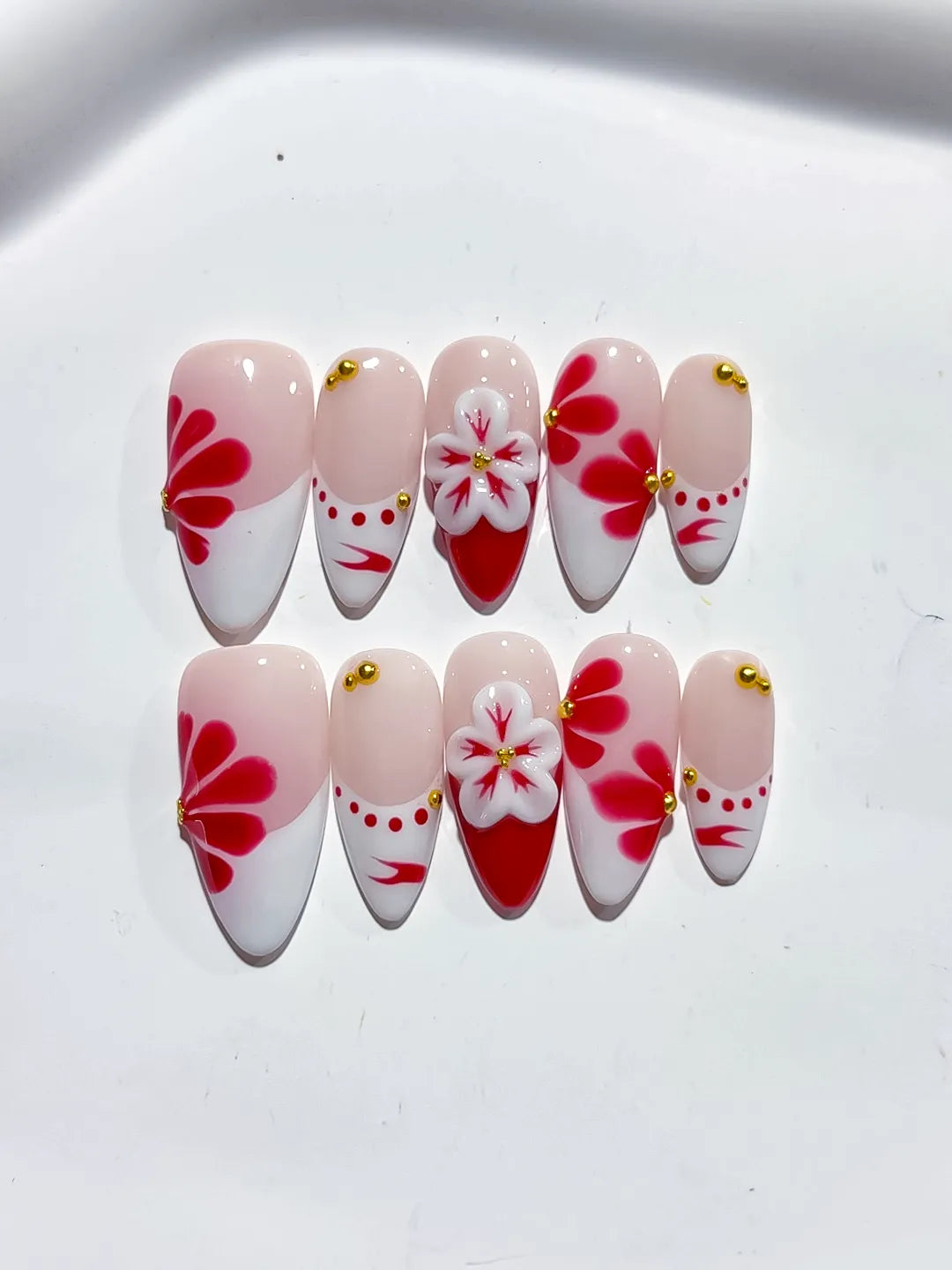 Nude White Red Gold French tip Flower Stud press on nails detail view