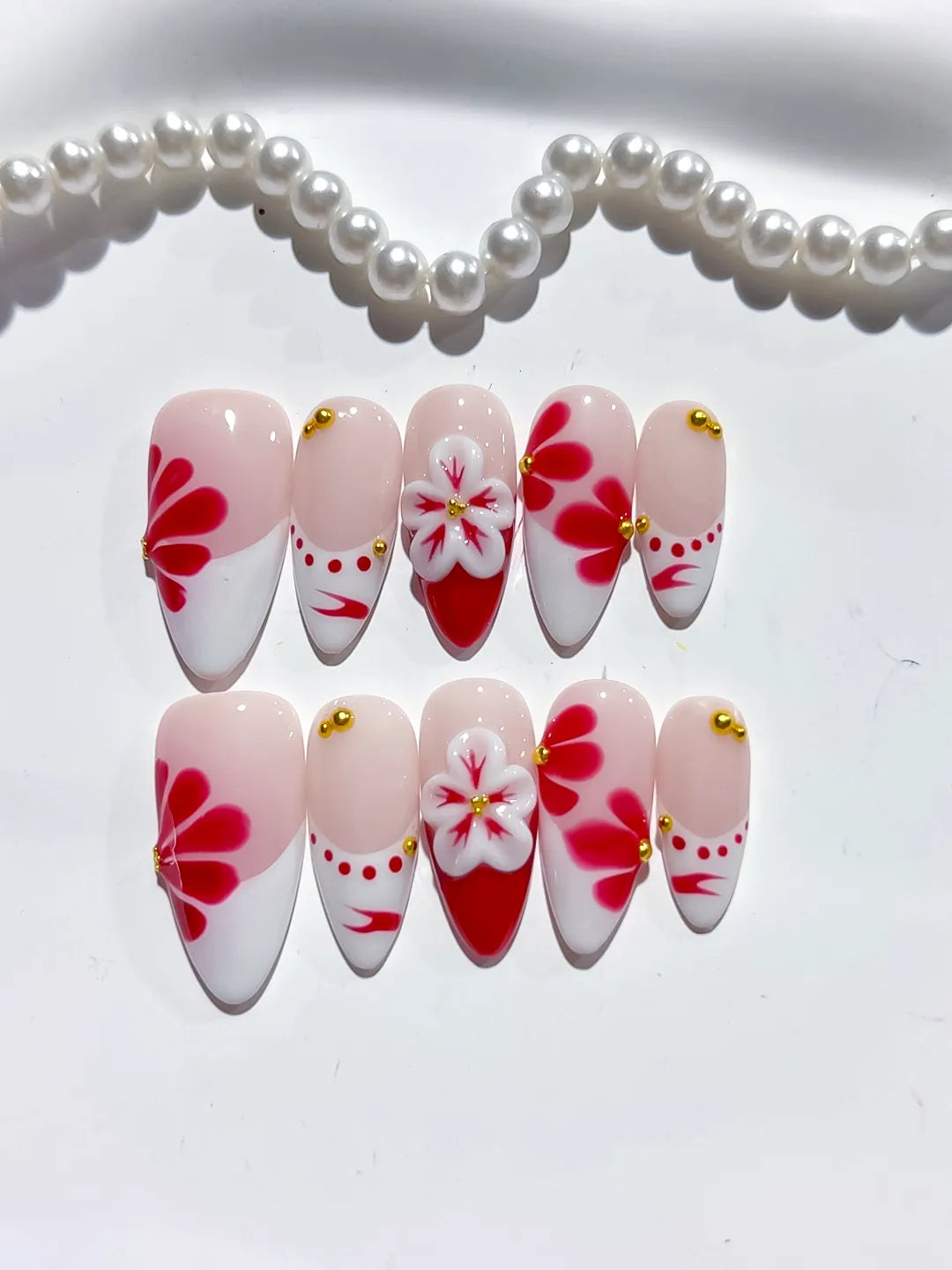 Nude White Red Gold French tip Flower Stud press on nails detail view