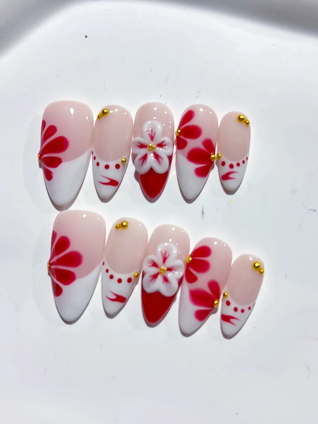 Nude White Red Gold French tip Flower Stud press on nails close up