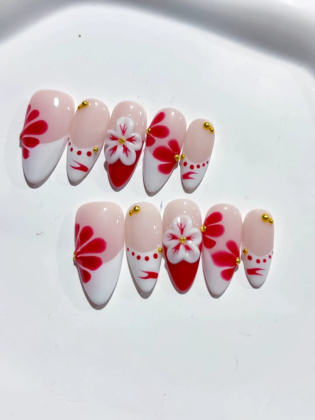 Nude White Red Gold French tip Flower Stud press on nails detail view