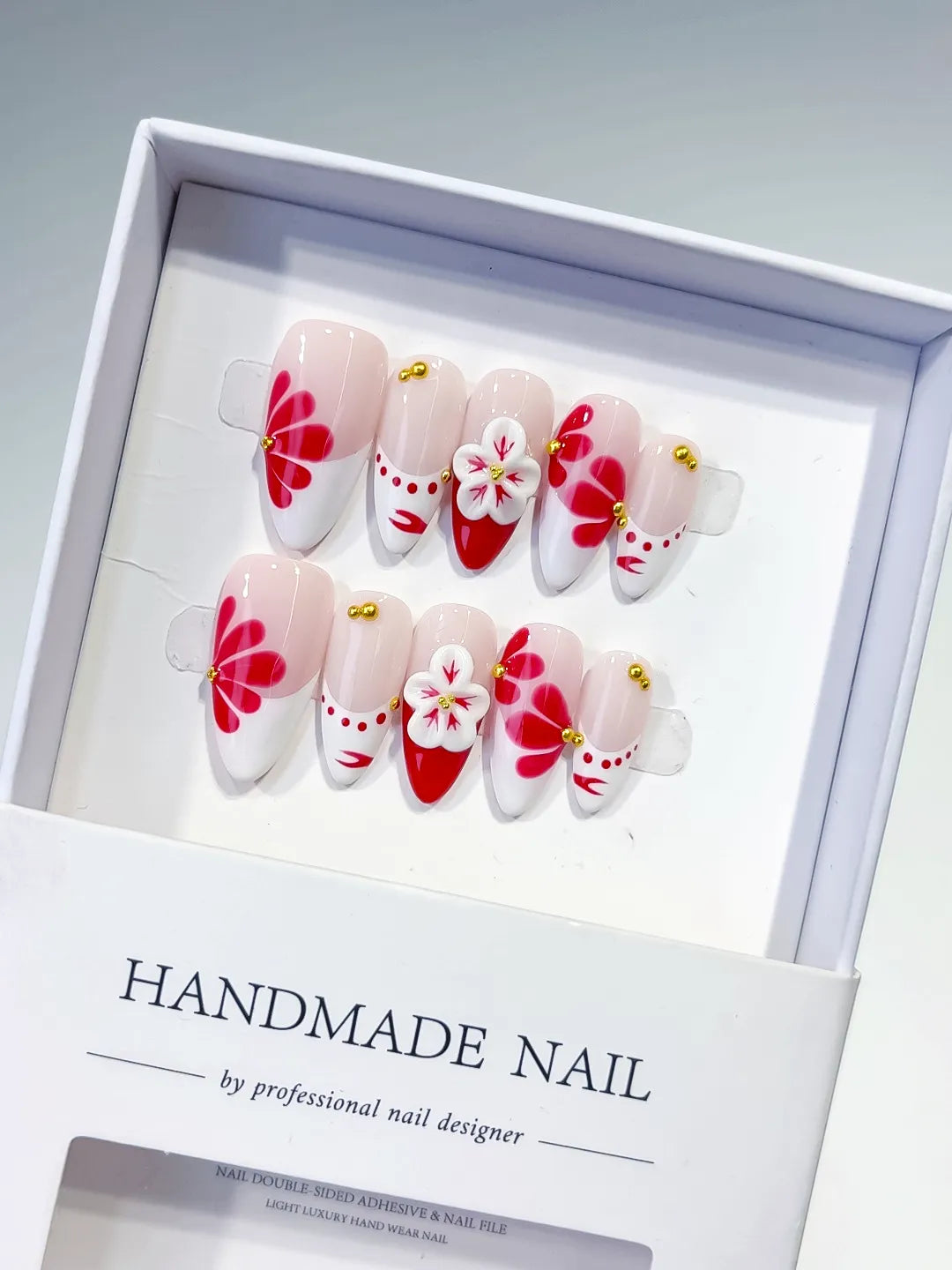 Nude White Red Gold French tip Flower Stud press on nails
