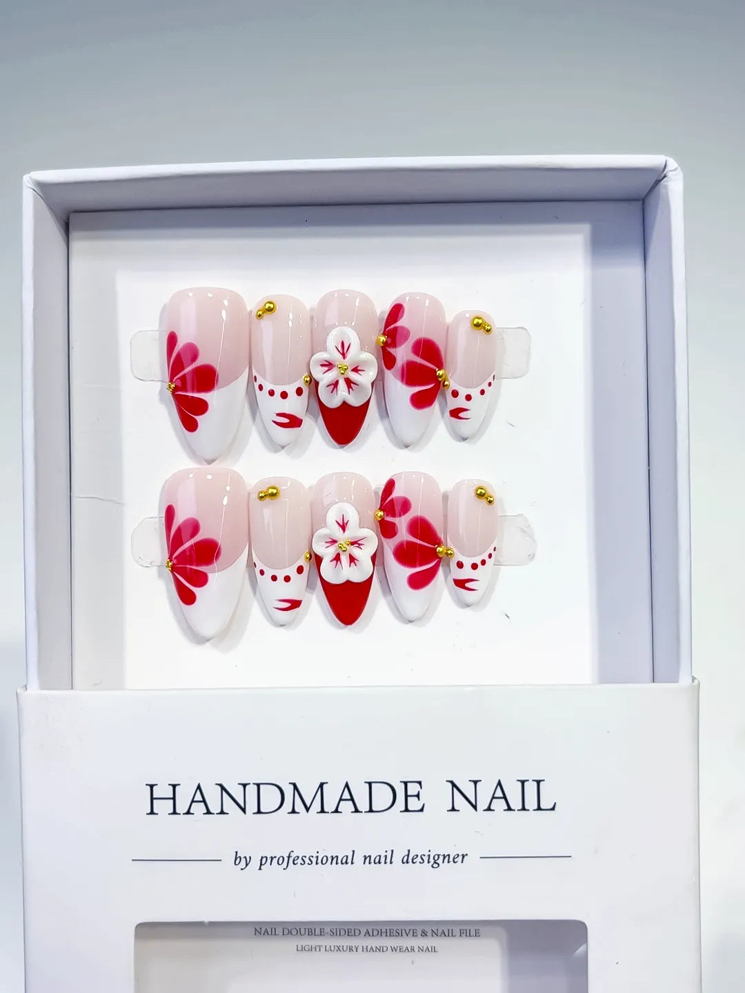 Nude White Red Gold French tip Flower Stud press on nails full set view