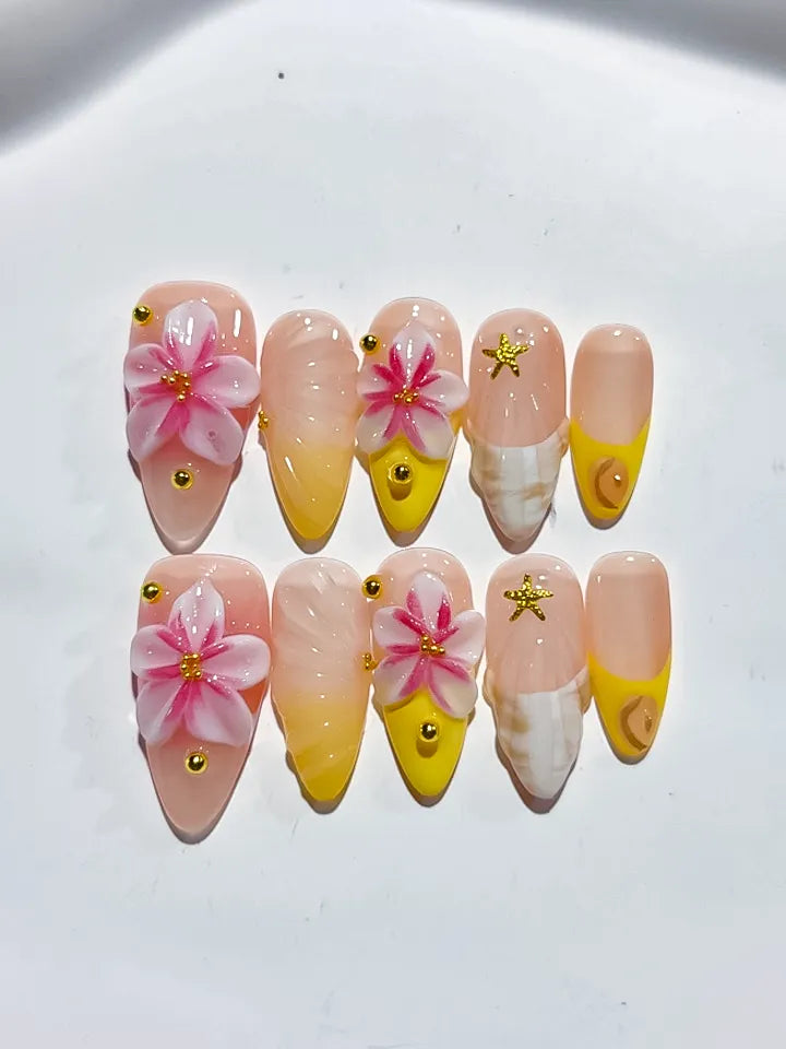 Nude Pink Yellow White Ombre Flower Star Shell press on nails detail view