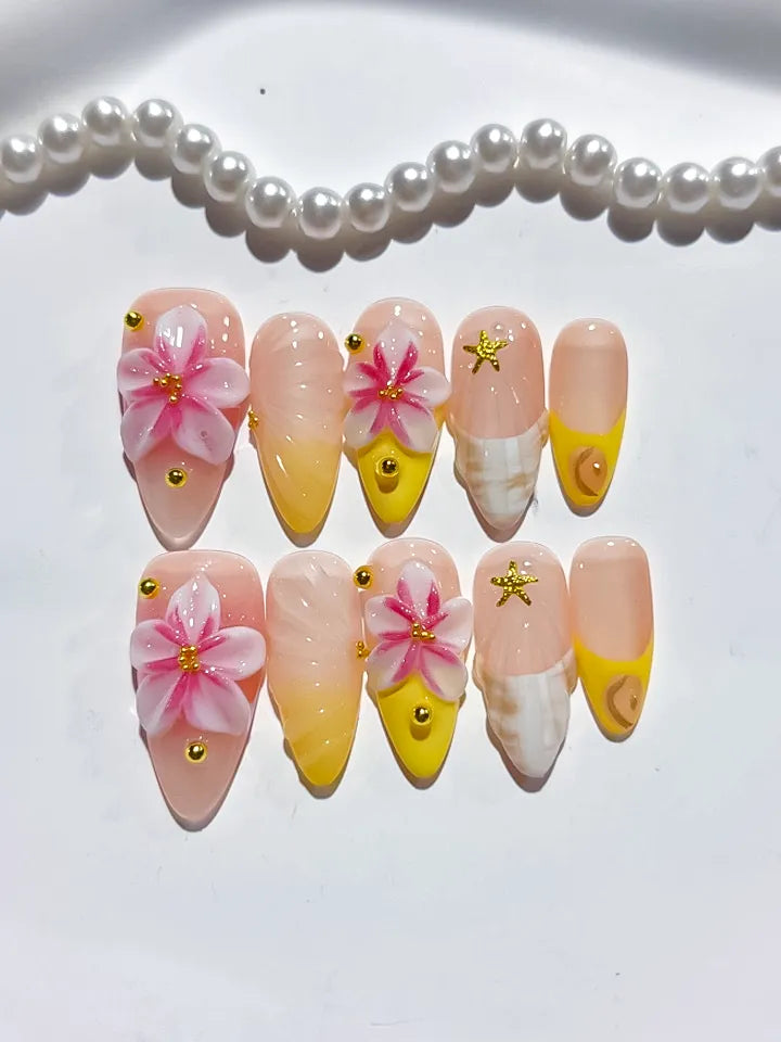 Nude Pink Yellow White Ombre Flower Star Shell press on nails close up