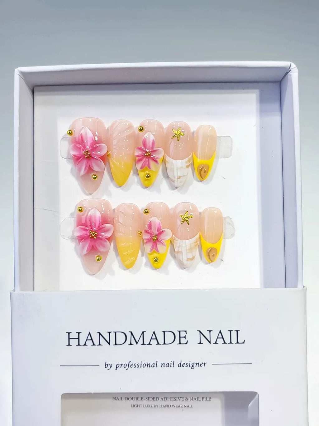 Nude Pink Yellow White Ombre Flower Star Shell press on nails full set view