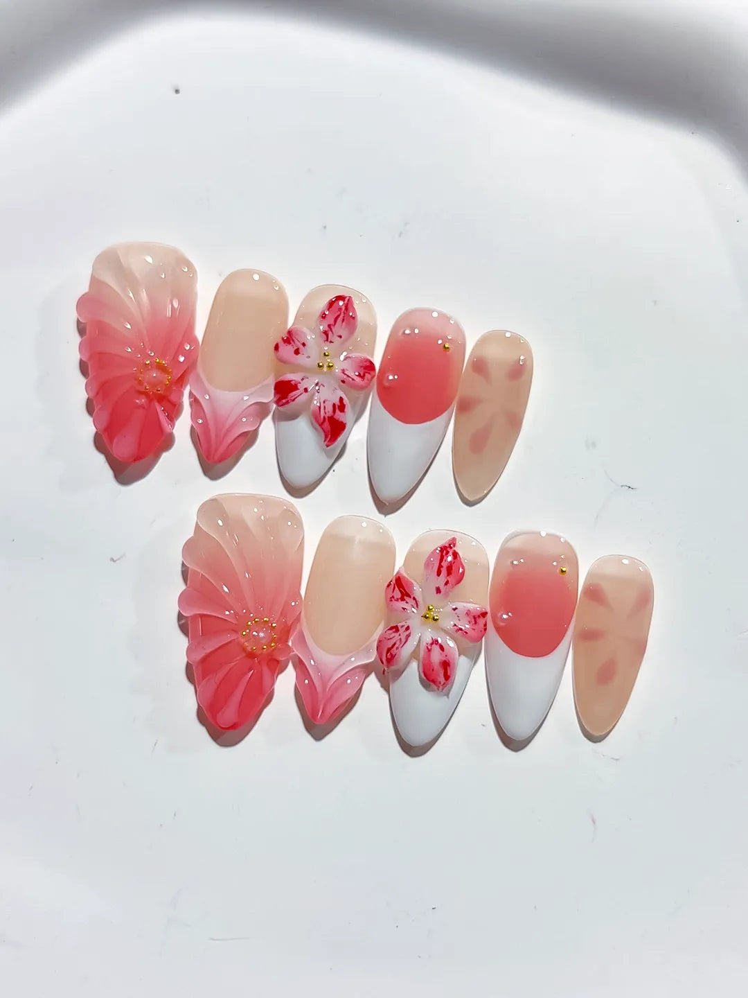 Nude Pink White Red Ombre Flower press on nails close up