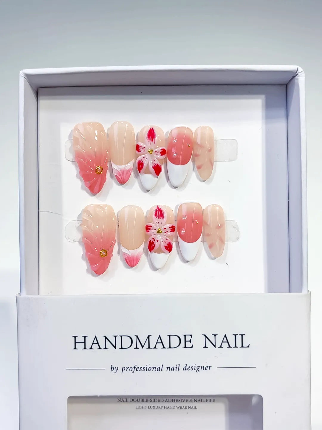 Nude Pink White Red Ombre Flower press on nails full set view