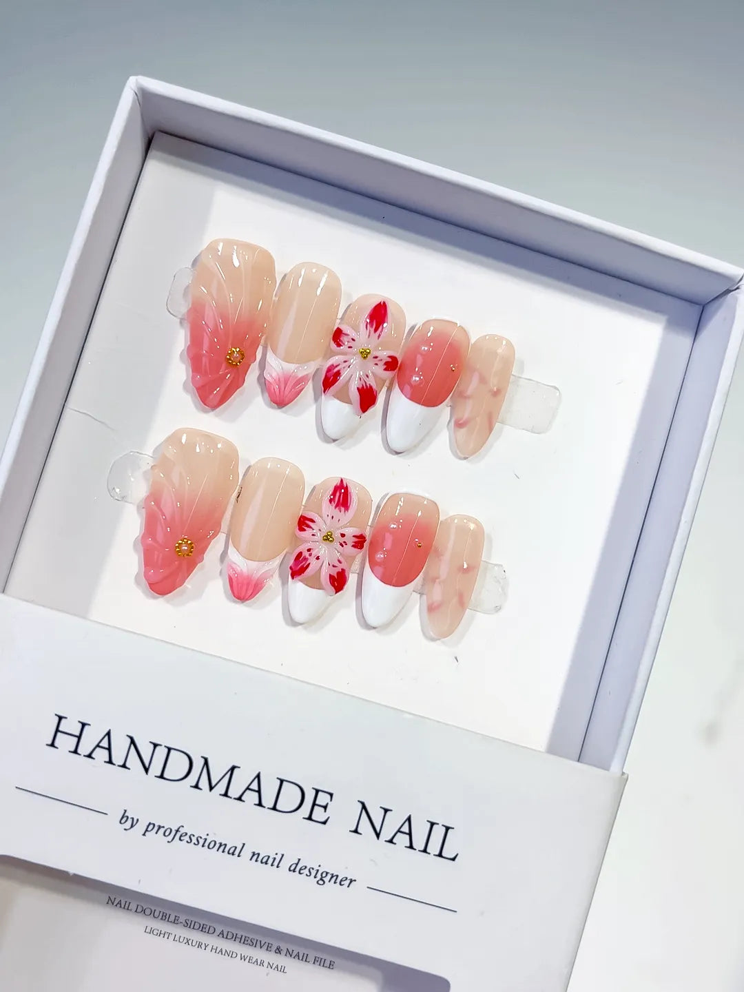 Nude Pink White Red Ombre Flower press on nails