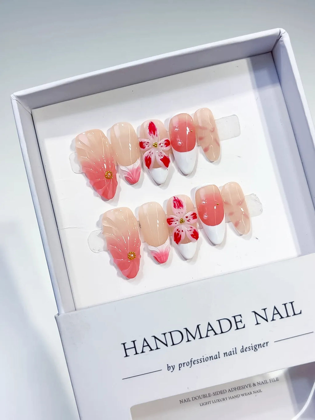 Nude Pink White Red Ombre Flower press on nails angled view