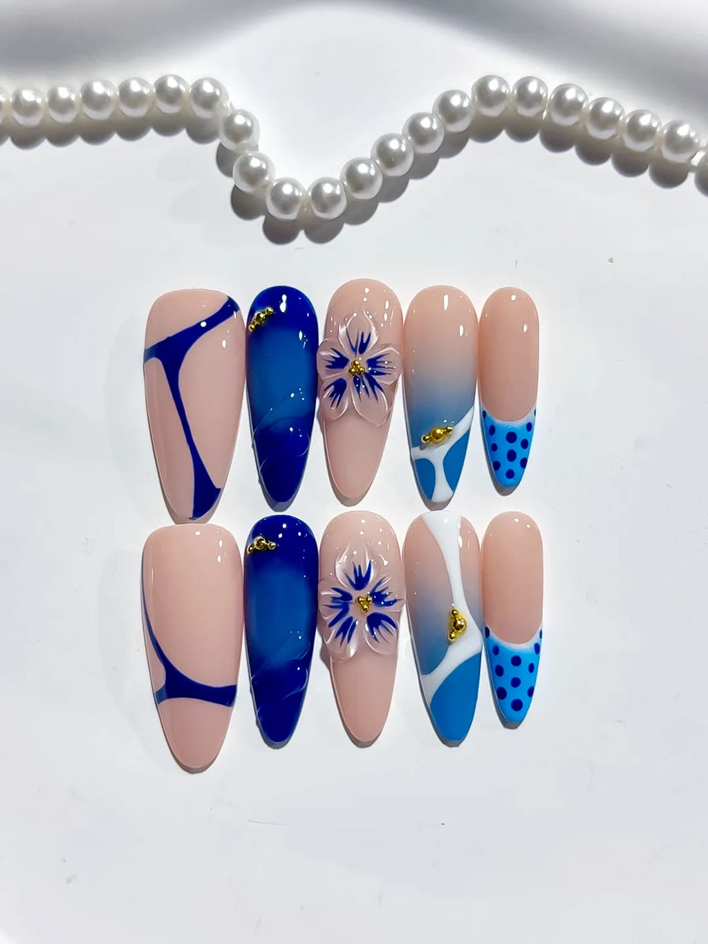 Nude Blue White French tip Flower Dot Pattern press on nails detail view