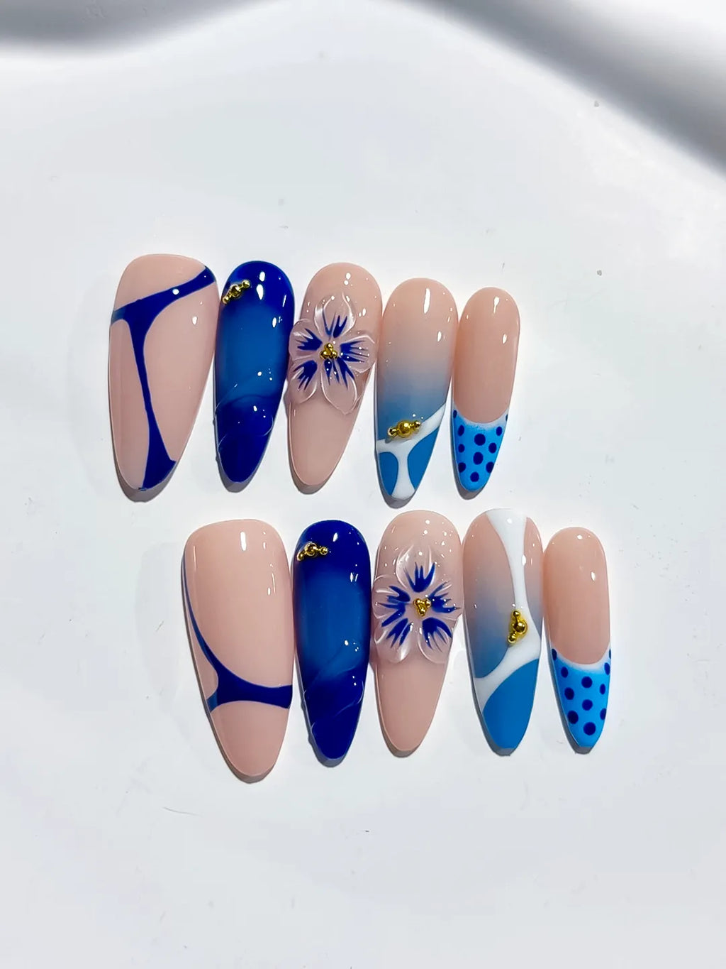 Nude Blue White French tip Flower Dot Pattern press on nails close up