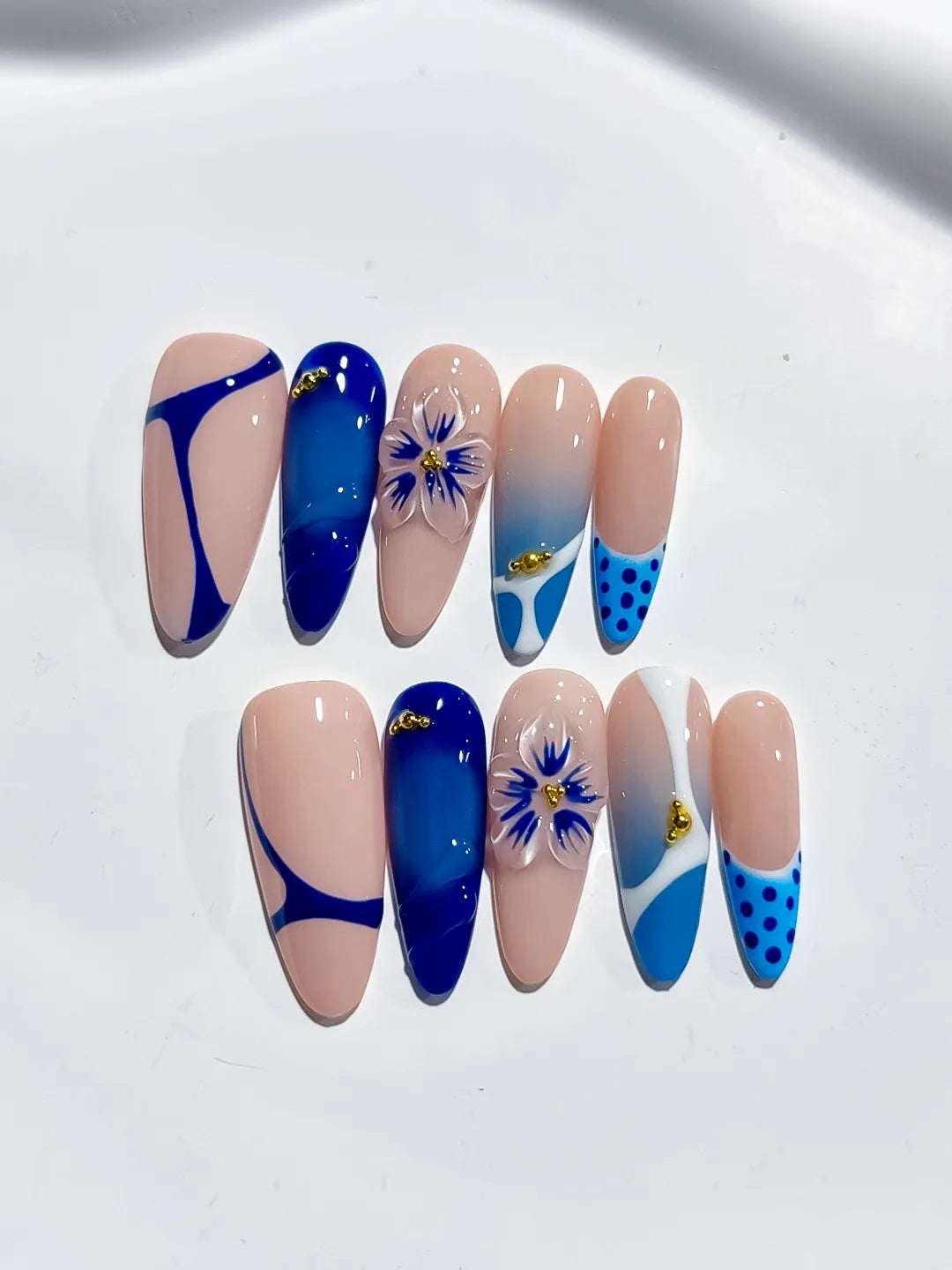Nude Blue White French tip Flower Dot Pattern press on nails close up