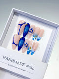 Nude Blue White French tip Flower Dot Pattern press on nails