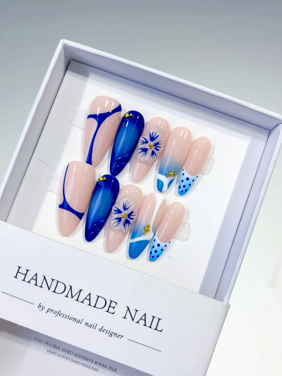 Nude Blue White French tip Flower Dot Pattern press on nails